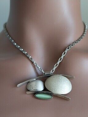Textured Silver-Tone Pendant Necklace with Mint Green Stone